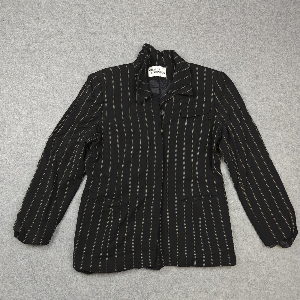 Vintage George Simonton Blazer Womens L Black Wool Striped Two Button Lined